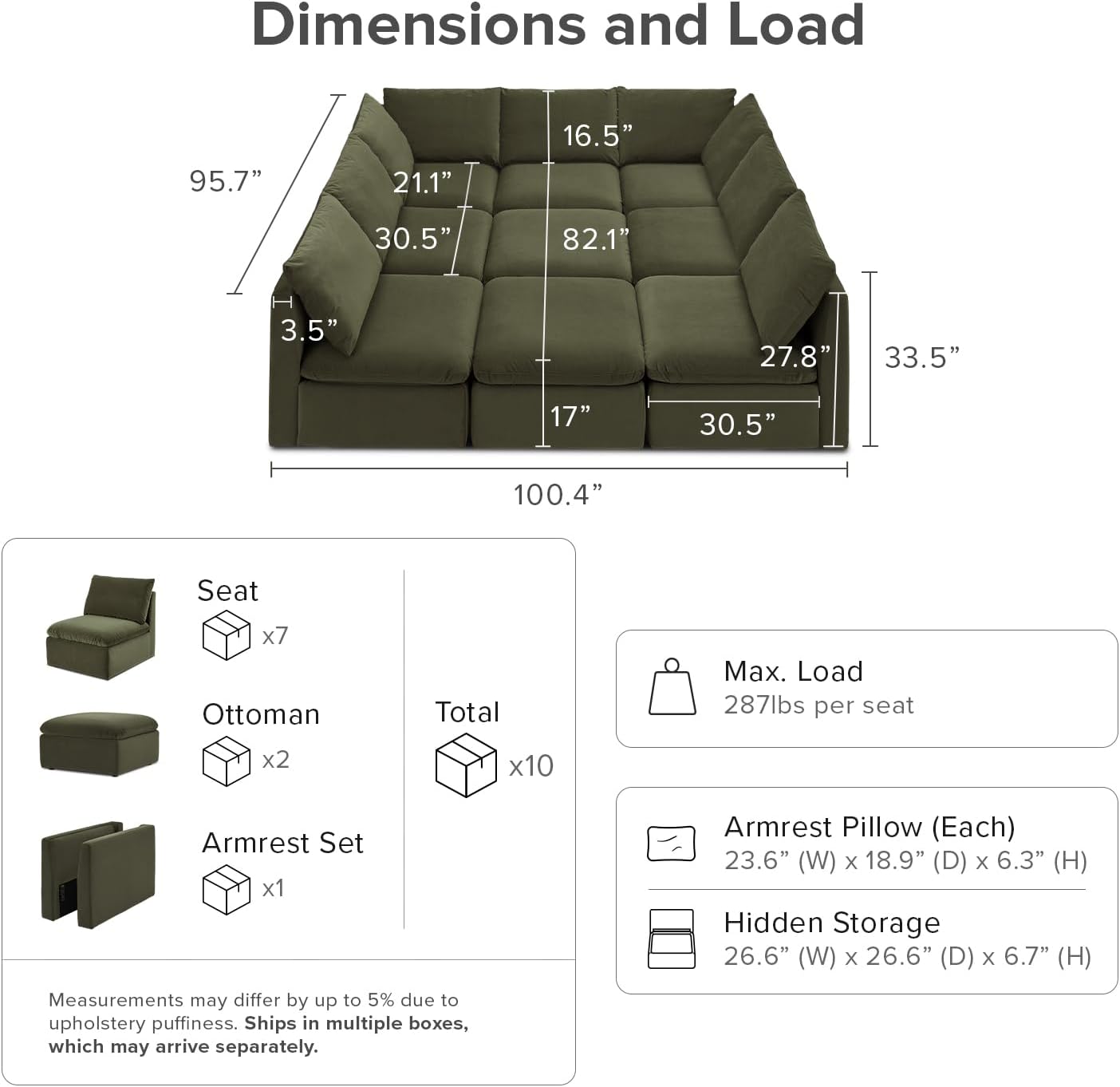 mopio Oversized Modular Sectional Sofa with Fully Removable Covers and Storage, Convertible U, L-Shaped and Sleeper Sectional, Modern Couches with Ottoman Chaise (Olive Green Velvet, 9 Seats, Sleeper)