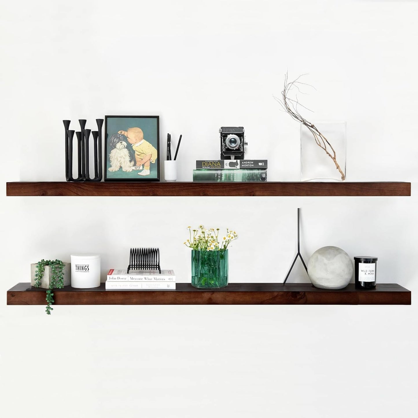 Homeforia Walnut 60 inch Floating Shelf, High End Solid Real Wood 60inch Long Floating Shelf for Wall, Dark Brown Wooden 60in Large Floating Shelves, Heavy Duty Bracket, 60 X 6.5 X 1.75 inch, Set of 2