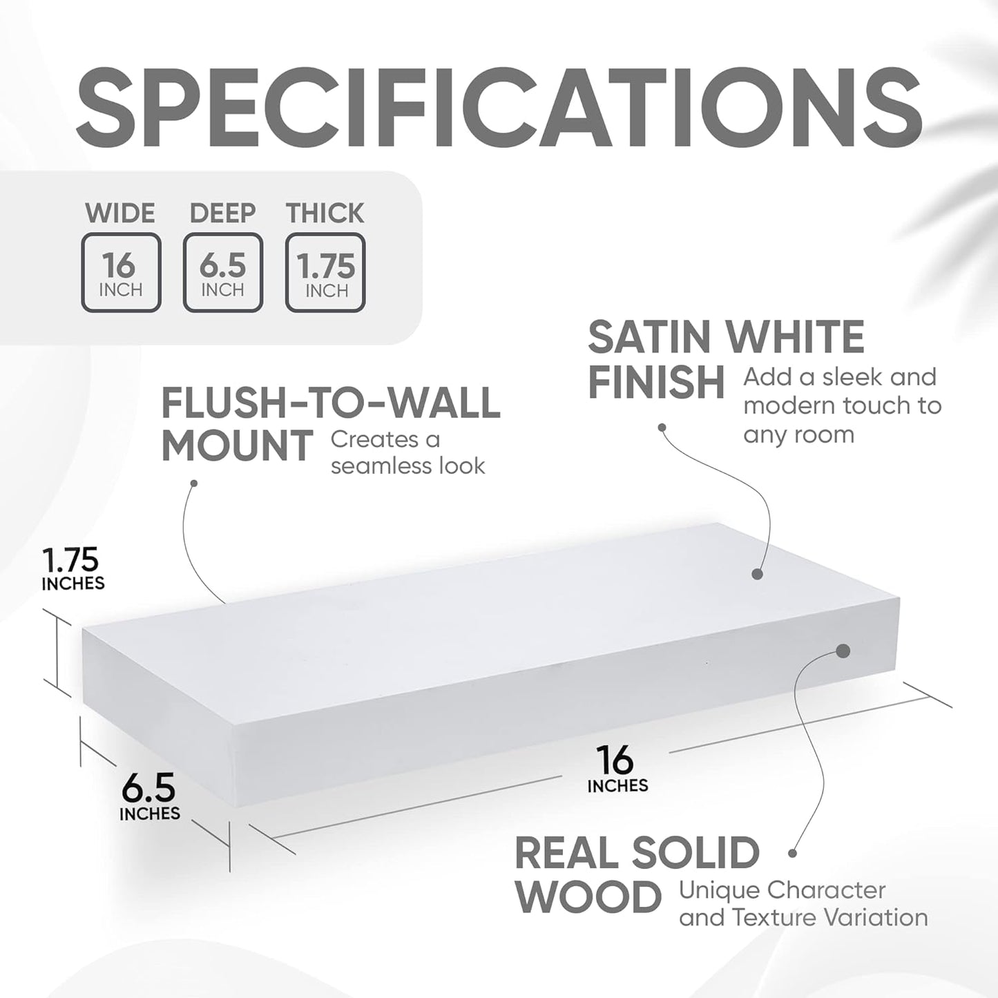 Homeforia White Floating Shelves 16 inch, High End Solid Real Wood 16inch Bathroom Floating Shelf for Wall Mounted, White Wooden 16 Floating Shelves, Heavy Duty Bracket, 16 X 6.5 X 1.75 inch, Set of 3