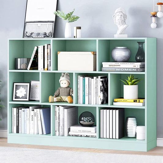 IOTXY Open Shelf Low Bookcase - Wooden 3-Tier Floor Standing Display Cabinet Organizer with Base, 10 Cubes Short Horizontal Bookshelf in Tiffany-Green