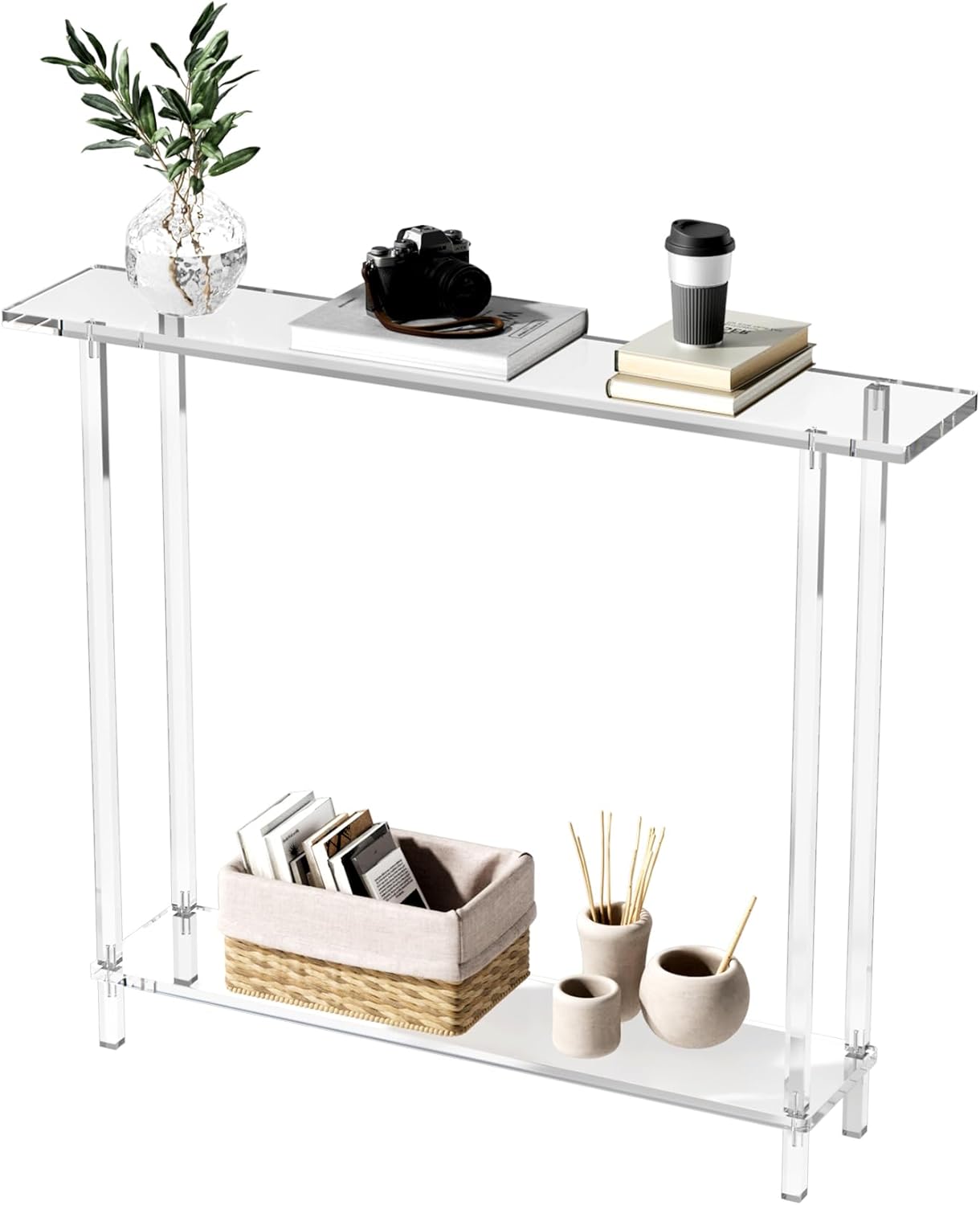 Sleek Modern 2-Tier Acrylic Console Table, 39.4" L x 7.6" W x 31.5" H - Entryway Table for Hallway, Living Room, Sofa Side, Small Spaces (Clear)