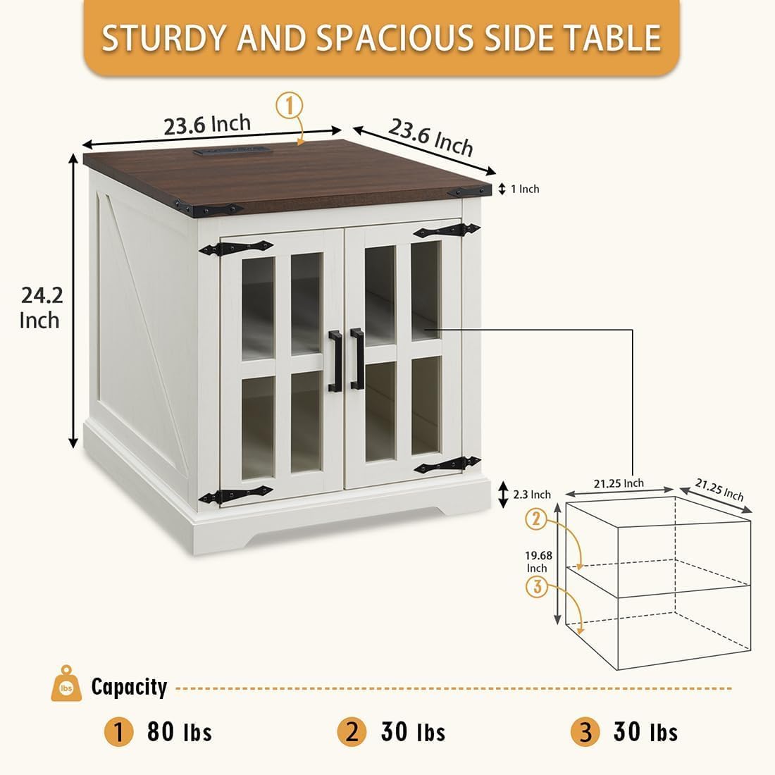 Farmhouse End Table with Charging Station,24" Large Side Table with Glass Barn Door, Rustic Wood Nightstand Bedside Table with Adjustable Storage Shelf for Living Room, Bedroom,White,2 Pack
