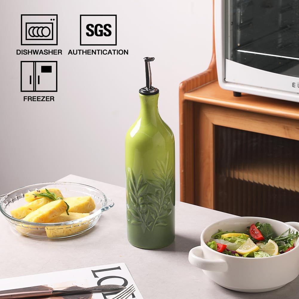 Sweejar Large Ceramic Olive Oil Dispenser Bottle, 24 Oz Relief Opaque Oil Cruet Protects Oil To Reduce Oxidation, Storage Vinegar, Soy Sauce, Coffee Syrup, Liquids, Set of 1 (Gradient Green)