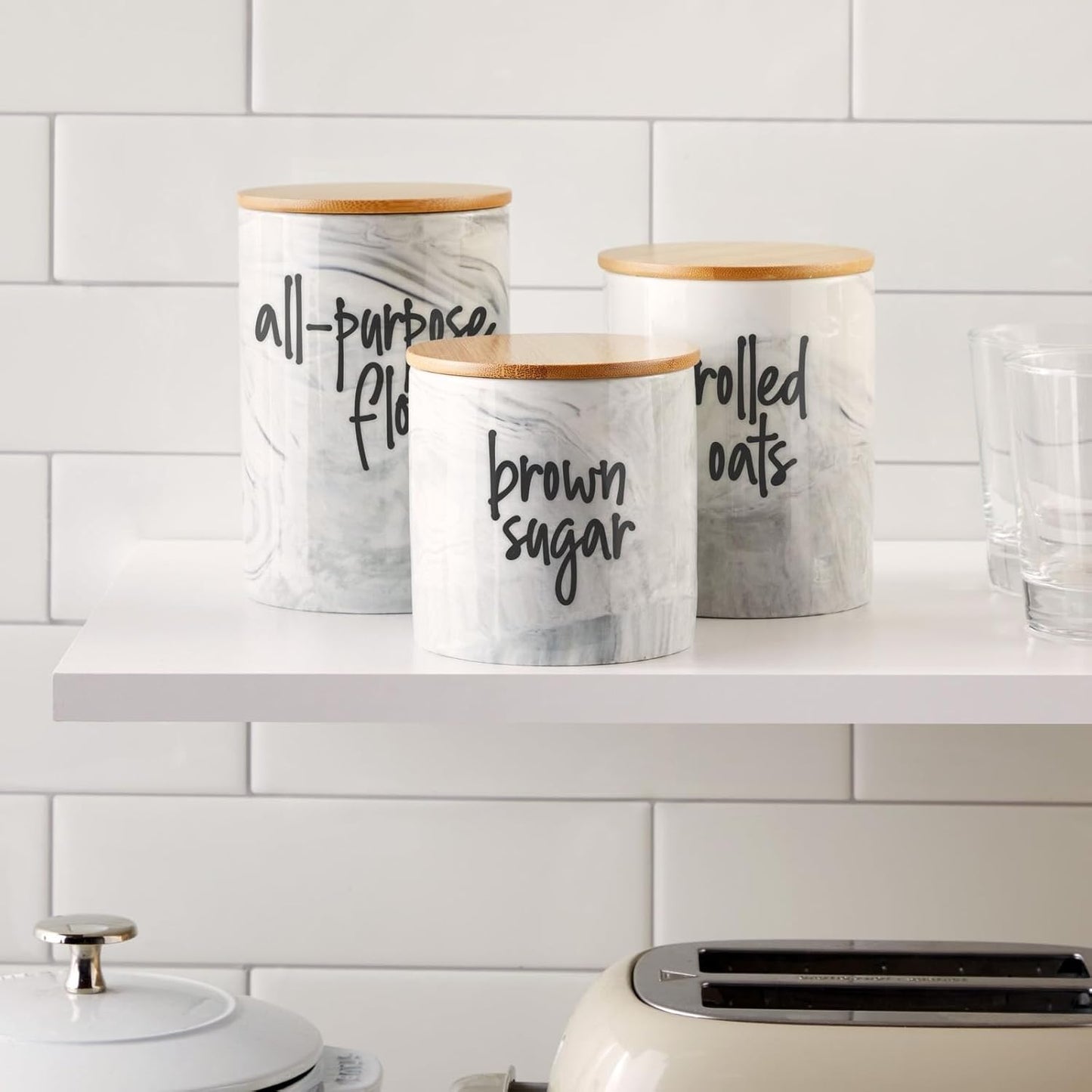 Farmlyn Creek Sugar & Coffee Container Set 3-Piece - White Marble Finish Ceramic Jar Set - Airtight Wood Lids - Ceramic Containers with Lids for Countertop Storage (5.9"/4.9"/3.9)