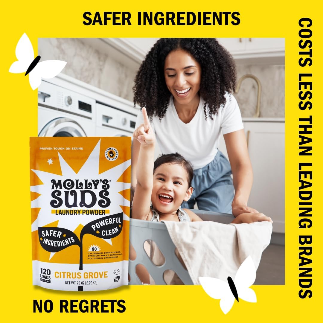 Molly's Suds Original Laundry Detergent Powder | Clean Laundry Detergent Powder for Sensitive Skin | Simple, Effective Ingredients, Stain Fighting | 120 Loads (Citrus Grove)