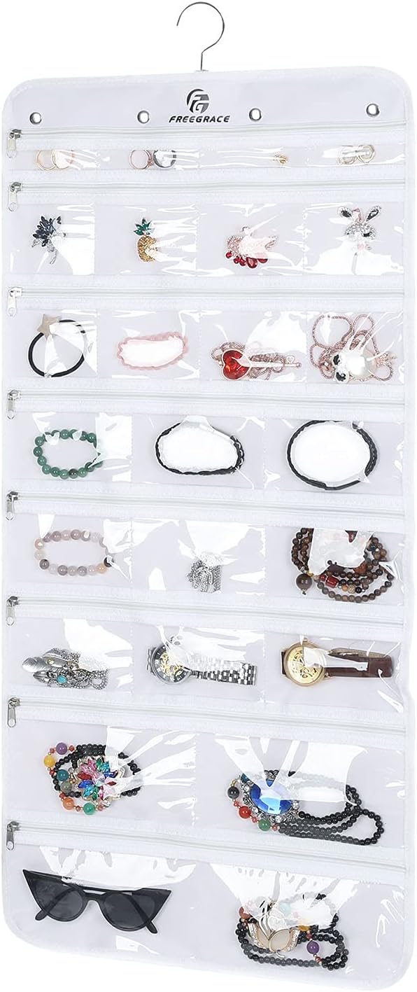 Freegrace Hanging Jewelry Organizer Revolving Hanger - Secure Zipper Closure - 50 Pockets - Foldable Storage & Display Solution - For All Jewelry & Bijoux (White)
