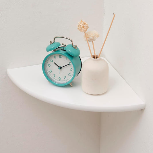 Corner Shelf, White Solid Oak Wood Floating Corner Shelves Wall Mount Round End Floating Speaker Rack for Small Plant Photo Frame (White, 8.6in)