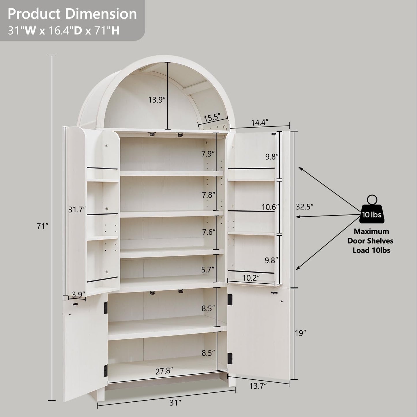71" Tall Arched Bathroom Storage Cabinet, Modern Fluted Storage Cabinet w/Doors, 3 Adjustable Shelves, 6 Door Shelves, Wood Freestanding Cabinet for Bathroom, Entryway, Hallway, Antique White