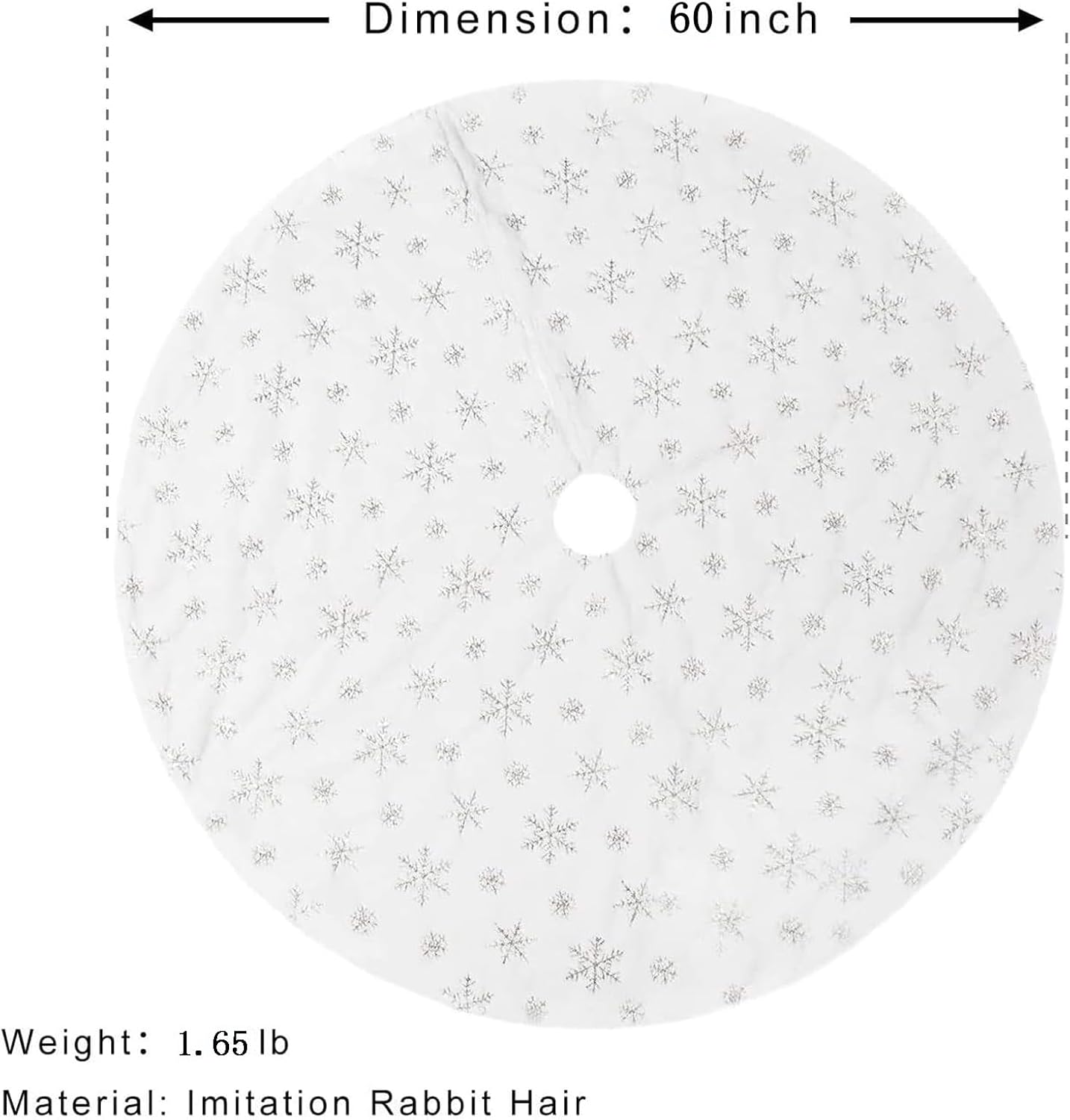 60inch White Christmas Tree Skirt Tree Carpet Blanket, Soft 5ft Xmas Christmas Tree Blanket with Silver Snowflake White Faux Fur Carpet for Christmas Holidays Decoration Party