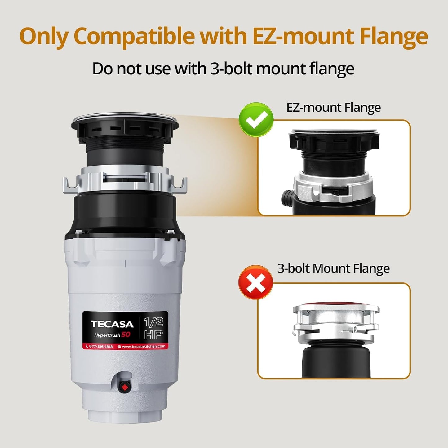 1/2 HP Garbage Disposals, TECASA Continuous Feed, Stainless Steel Food Waste Grinding System for Kitchen Sink Food Waste, Power Cord Included, UL Certified - HyperCrush 50