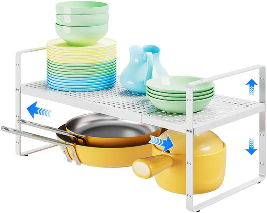 Expandable Kitchen Shelf Organizers, Kitchen Cabinet Organizer Stand Rack Organization for Countertop Cupborad Pantry, White 1 Pack