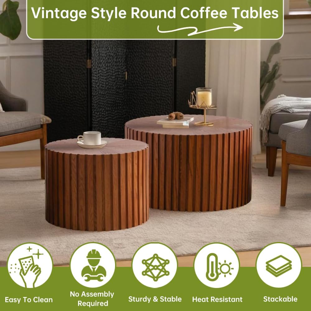 Round Nesting Coffee Table Modern Fluted Coffee Table Set of 2 Stripe Round Coffee Tables Circle Drum Coffee Tables for Living Room (Walnut Small)