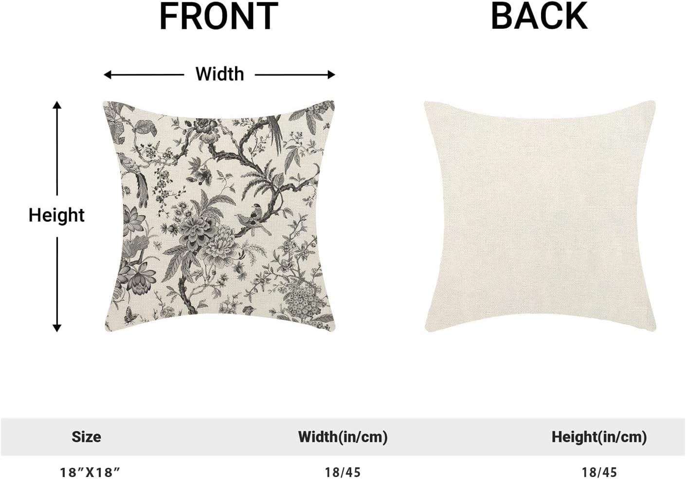 CXMEIFLY Spring Floral Birds Pillow Covers 18 x 18 Inch Set of 2 for Chinoiserie Flowers Decor Throw Pillows Black and White Plant Outdoor Decorative Cushion Cases for Couch Bed Decorations