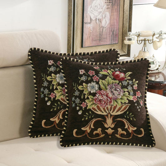 Set of 2 Brown Vintage Embroidered Throw Pillow Covers 18x18in，Floral Embroidered Cushion Cover for Sofa Couch Bed Burgandies Pillow Cover Brown