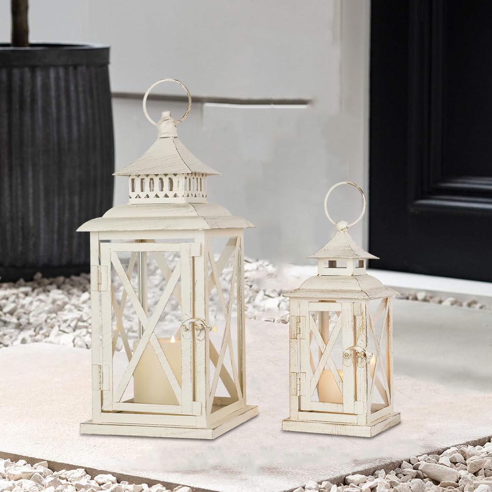 Lanterns Decorative Outdoor&Indoor, Set of 2 (14"&10") Beige Metal Lantern Decor with Glass, Candle Holder for Porch, Patio, Garden, Balcony, Wedding, Table Centerpiece