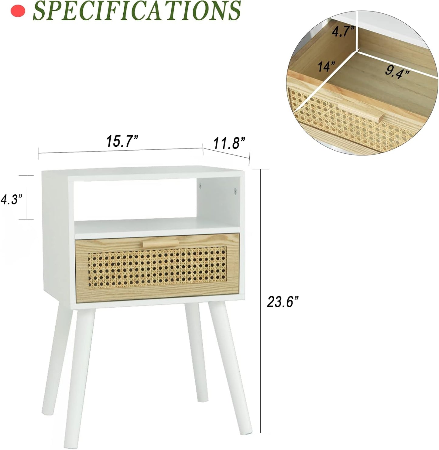 MaxSmeo White Nightstand with Drawer, Mid Century Modern Nightstand, Rattan Side Table, End Table with Storage for Living Room, Bedroom and Small Spaces, Easy Assembly (White)