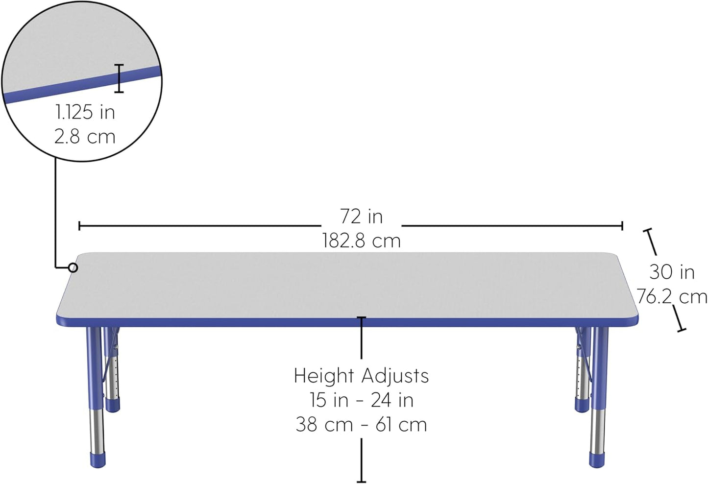 FDP Rectangle Activity School and Classroom Kids Table (30 x 72 inch), Chunky Toddler Leg, Adjustable Height 15-24 inches - Gray Top and Blue Edge