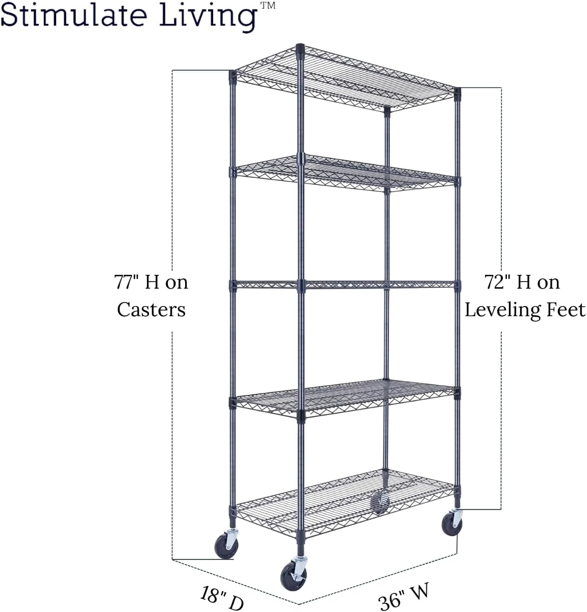 36"x18"x72" Prime Heavy Duty Black 5-Tier Wire Shelving NSF 4000 LBS MAX Capacity Storage Rack for Commercial, Hospital, School, Garage, and Kitchen Uses (with Wheels)