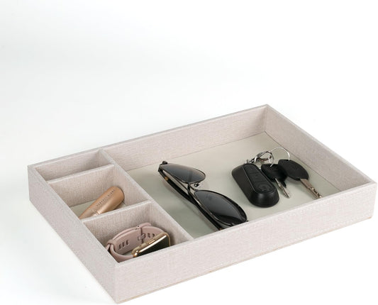 Desktop Storage Organizer, Nightstand or Dresser Organizer, Valet Tray, Entry Table Organizer, 4 Compartments,PU Leather Drawer Storage Organizer Decorative Trays. (Pearl White—2)