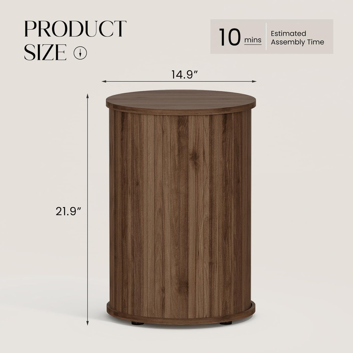 Round Fluted End Table for Living Room, Modern Wooden Sofa Couch Side Table for Small Spaces, 21.9" H Nightstand Set of 2 for Bedroom (Walnut)