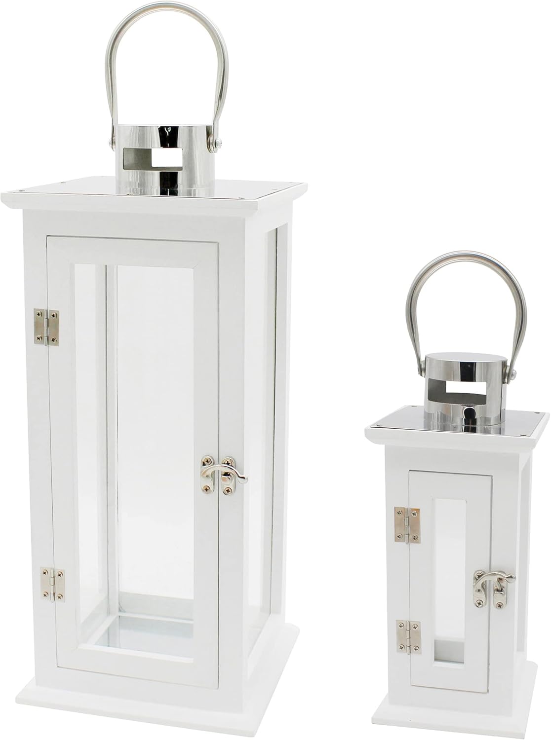 CVHOMEDECO. Decorative Elegant Wood Hurricane Candle Lantern with Stainless Top and Glass Inserts for Home Patio Outdoor Decor. White, Set of 2