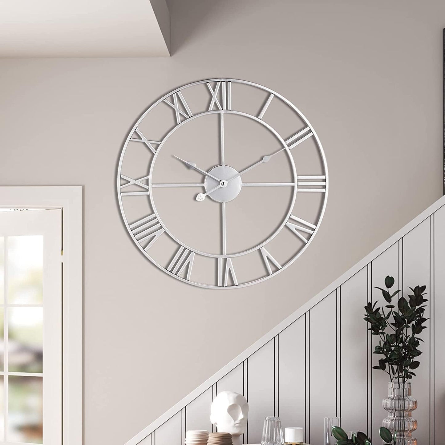 LEIKE 32" Large Modern Wall Clocks,Vintage,Round,Nearly Silent,Little Ticking,Battery Operated,Silver Metal Roman Numerals Clock for Living Room/Bedroom/Kitchen Wall Decor