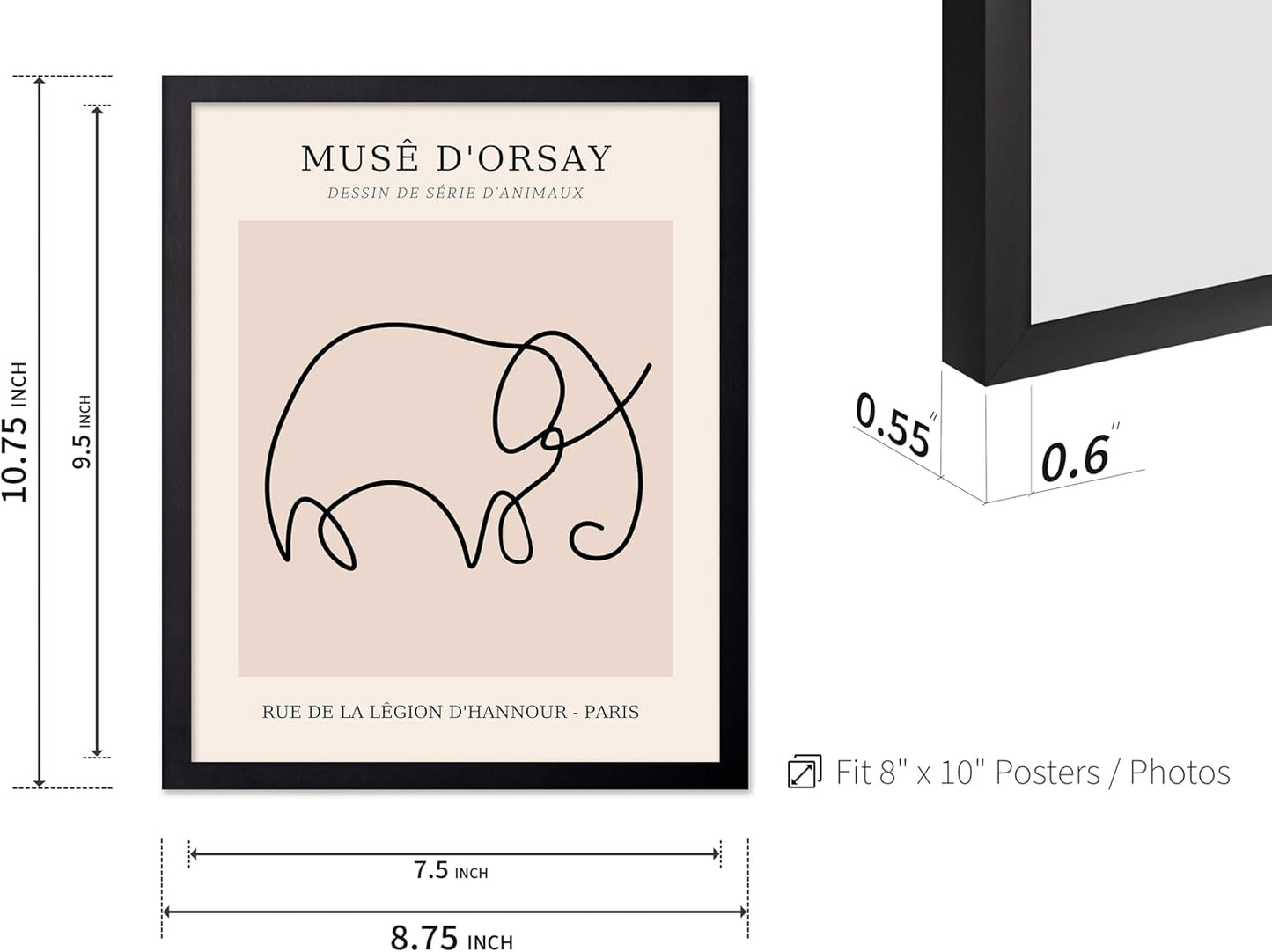 Poster Master Vintage Poster - Retro One Line Elephant Drawing Print - Elephant Art - Minimal Gift for Men, Women, Animal Lover - Abstract Wall Decor for Home, Office, 8x10 Black Framed