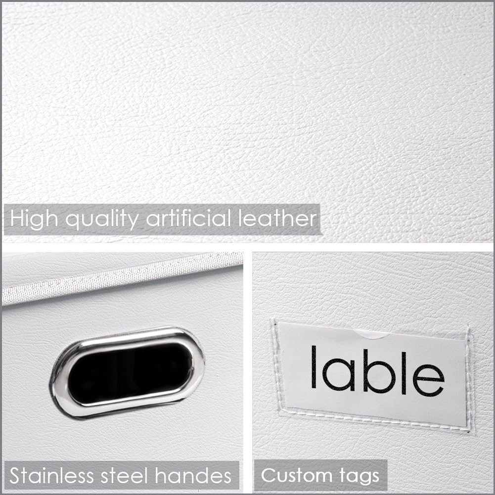 PRANDOM Collapsible Storage Box with Lid [1-Pack] Leather Fabric Foldable Storage Bin Organizer Container Basket Cube with Cover for Home Bedroom Closet Office Nursery White (13.6x9.6x6.9)