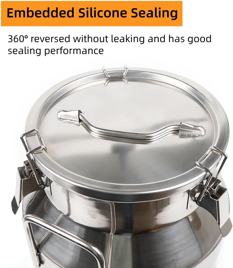 Stainless Steel Milk Can, 20 L/5.25 Gallon Heavy Duty Airtight Storage Canister Milk Bucket with Lid, Embedded Silicone Milk Jug Wine Pail Water Cereals Bucket with Three Latches and Two Handles