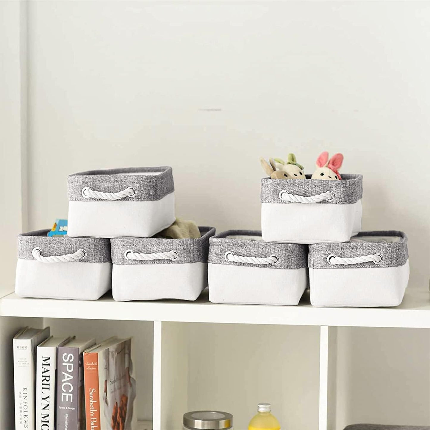 Storage Bins - Storage Baskets for Shelves Storage Cubes with Handles Small Baskets for Organizing (Gray and White 11.8 x 7.9 x 5.2 inch)