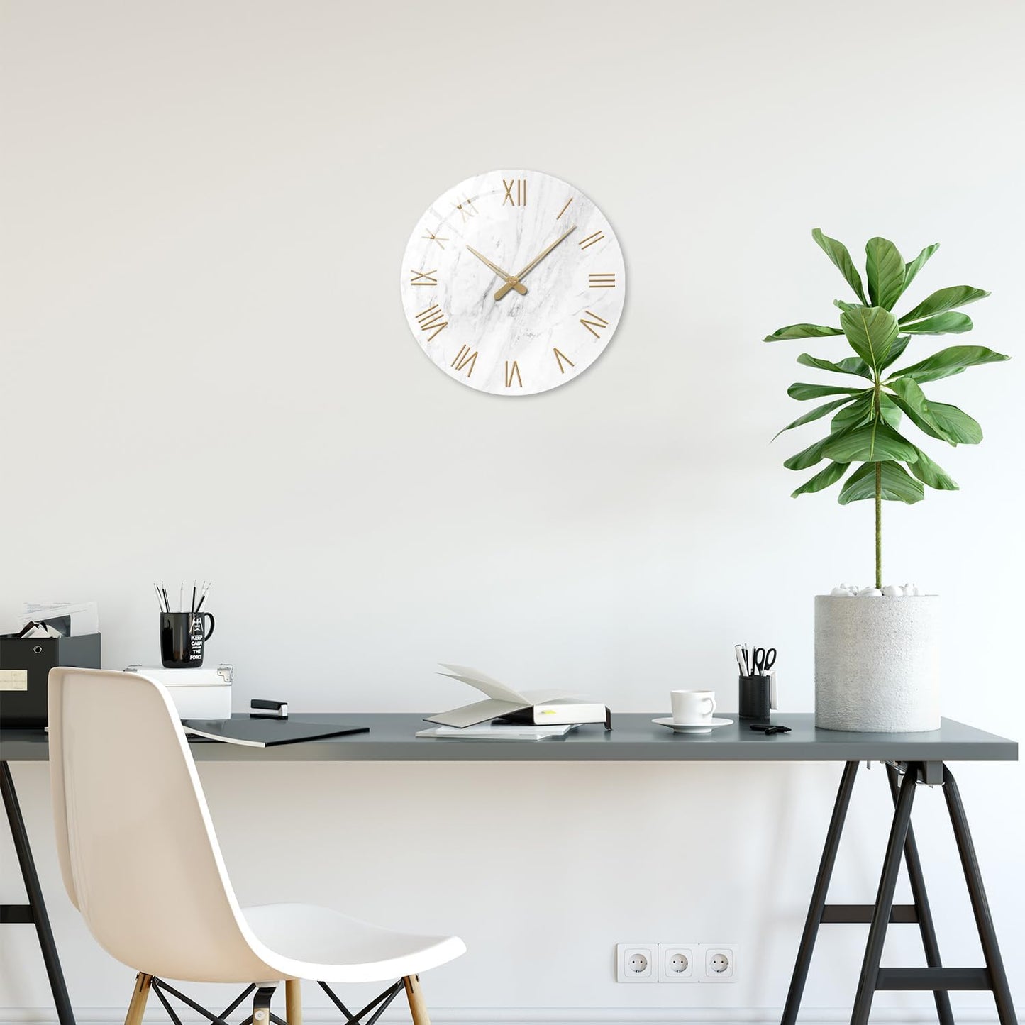 Round Marble Battery Wall Clock Modern 14 Inch White Minimalist Wall Clock for Kitchen Quartz Glass Slient Clock for Wall
