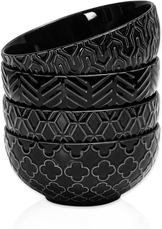 Sureasy Ceramic Cereal Bowls Set of 4, 5.9 Inch Deep Soup Bowls for Kitchen, 25 oz Embossed Stoneware Bowls for Pasta, Salad, Oatmeal, Noodle, Ramen, Microwave Dishwasher Safe, Set of 4, Black