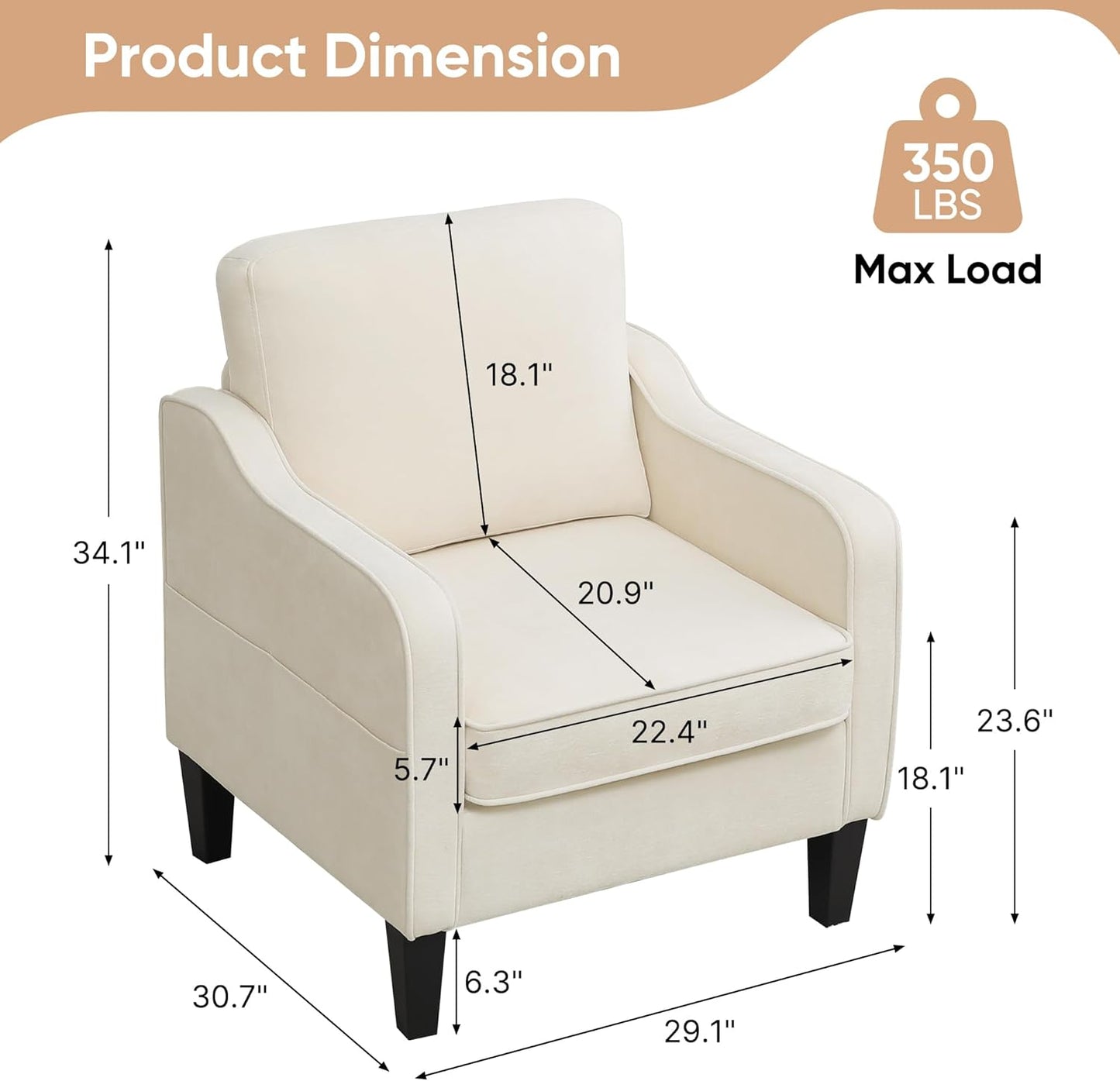 Accent Chair for Living Room, Mid Century Modern Reading Chair for Bedroom, Upholstered Armchair with Side Pockets, Comfy Single Sofa Side Chair for Office, Apartment, Small Room, Beige