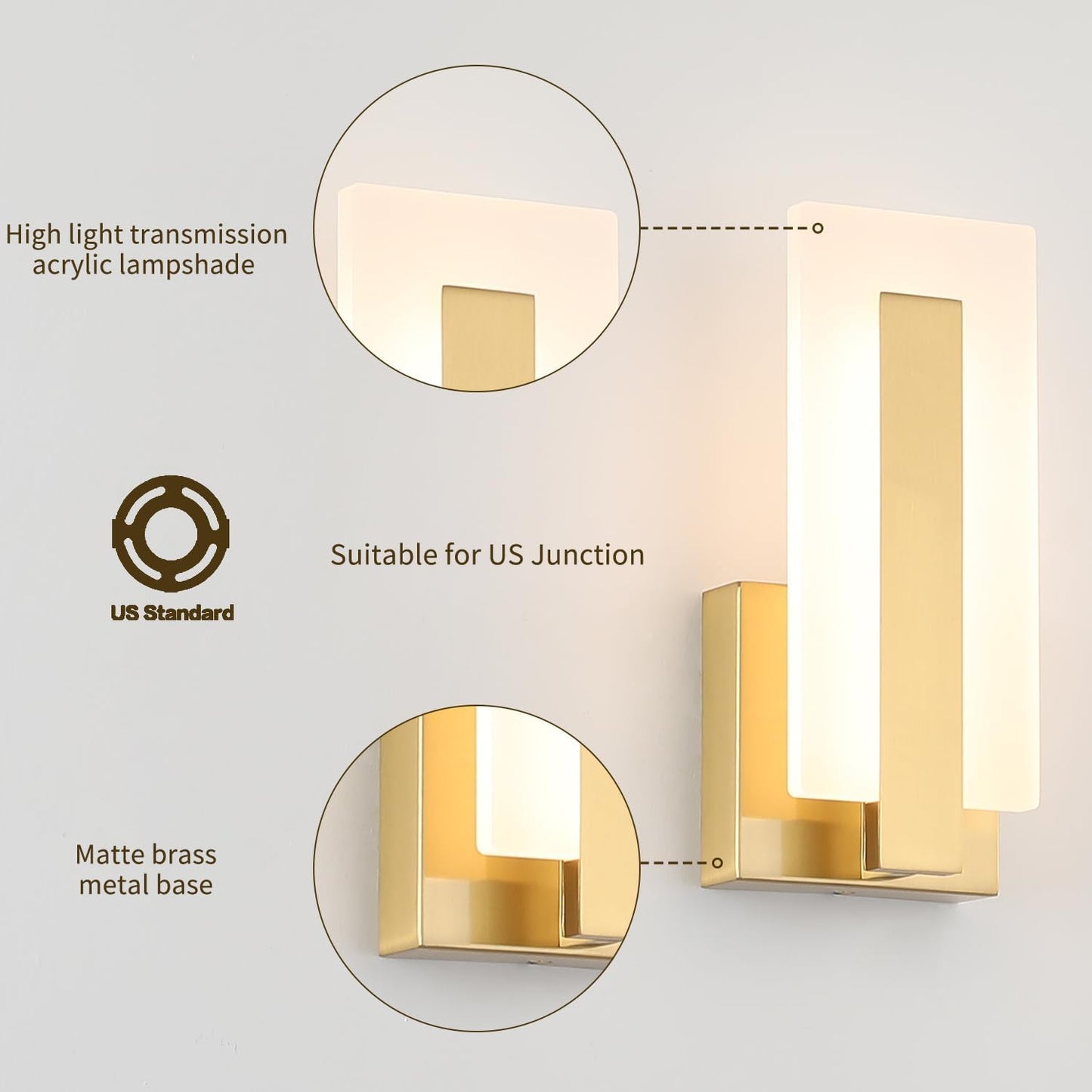 Joosenhouse Modern LED Wall Sconce Set of 2, Brass Warm White Light Wall Sconce 3000K, Hardwired Up and Down Wall Mount Light for Hallway, Bedroom, Study, Living Room Indoor Wall Light