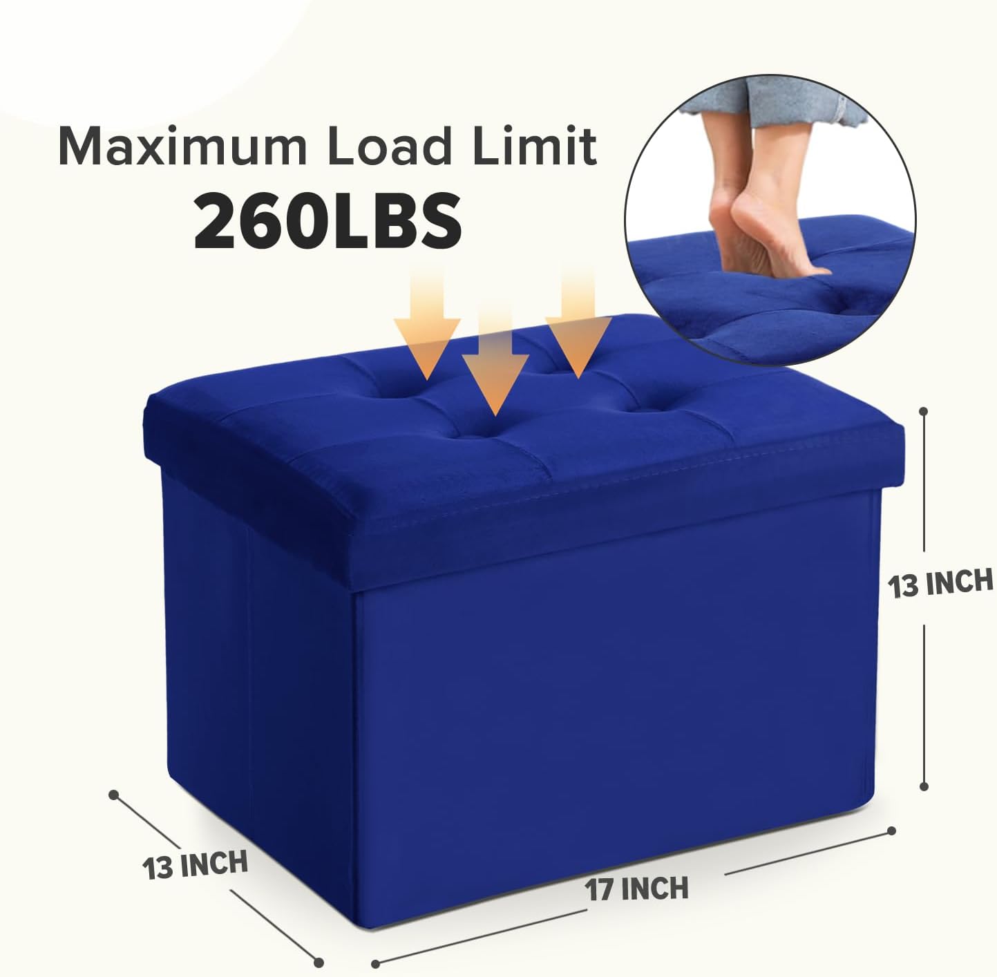 LINMAGCO Storage Ottoman Folding Foot Stool Velvet Foot Rest with Padded Modern Ottoman with Storage for Living Room Puppy Step Stool 17x13x13in(Navy)