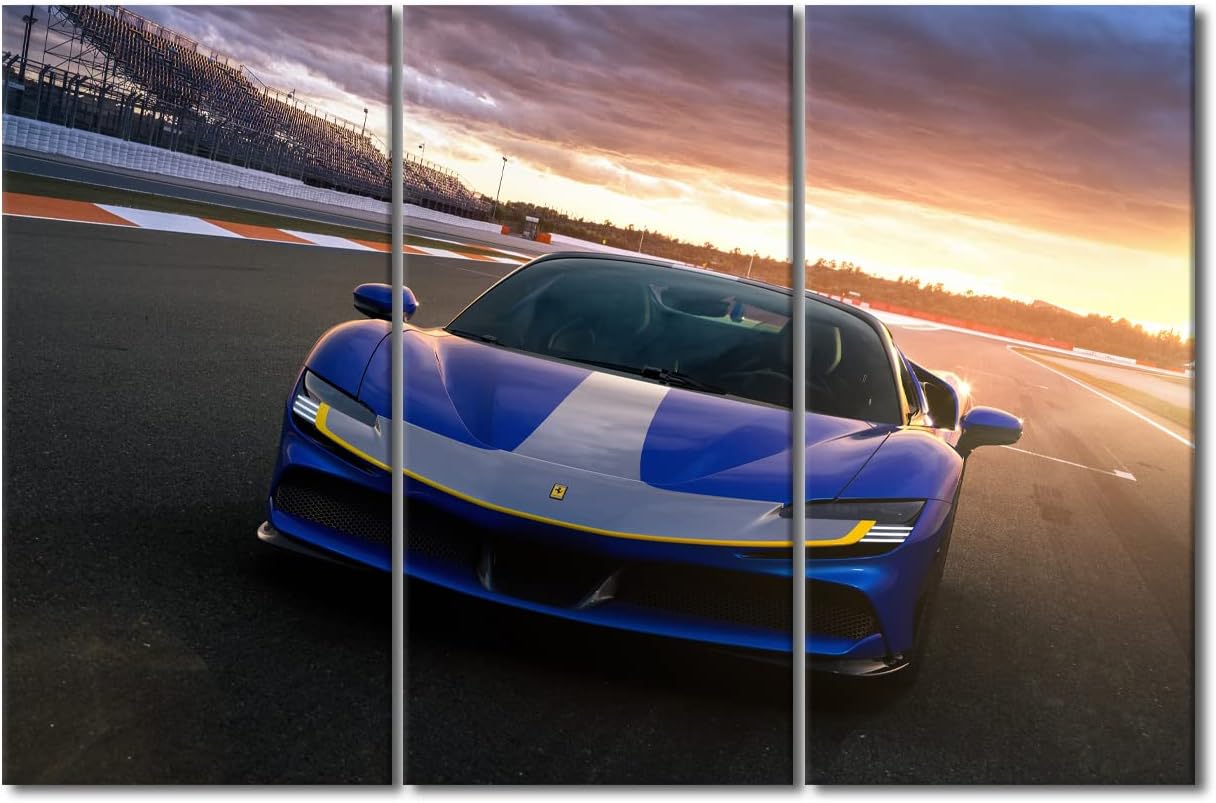 TUMOVO Sports Car at Sunset Canvas Paintings Blue Supercar on the Runway Bedroom Wall Art Contemporary Home Decor Bathroom Decor Wall Art Modern Artwork Ready to Hang for Living Room Office 60"Wx40"H