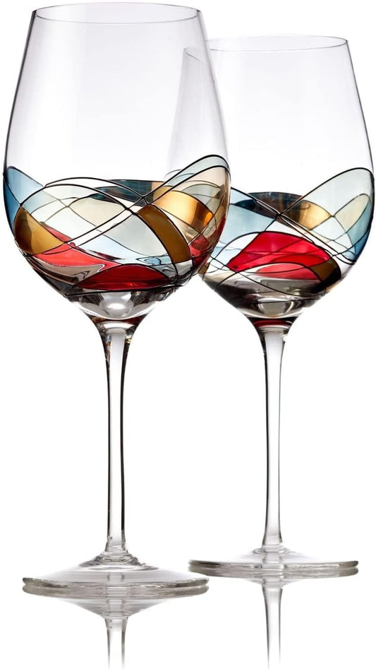 Bezrat Wine Glasses Hand Painted - Set of 2 - Women Wine Gift - Wine Lover Glass - Beautiful Glassware Gifts Ideas for Women Inspired by 'Duomo di Milano' Mothers Day - 12 oz (Red)