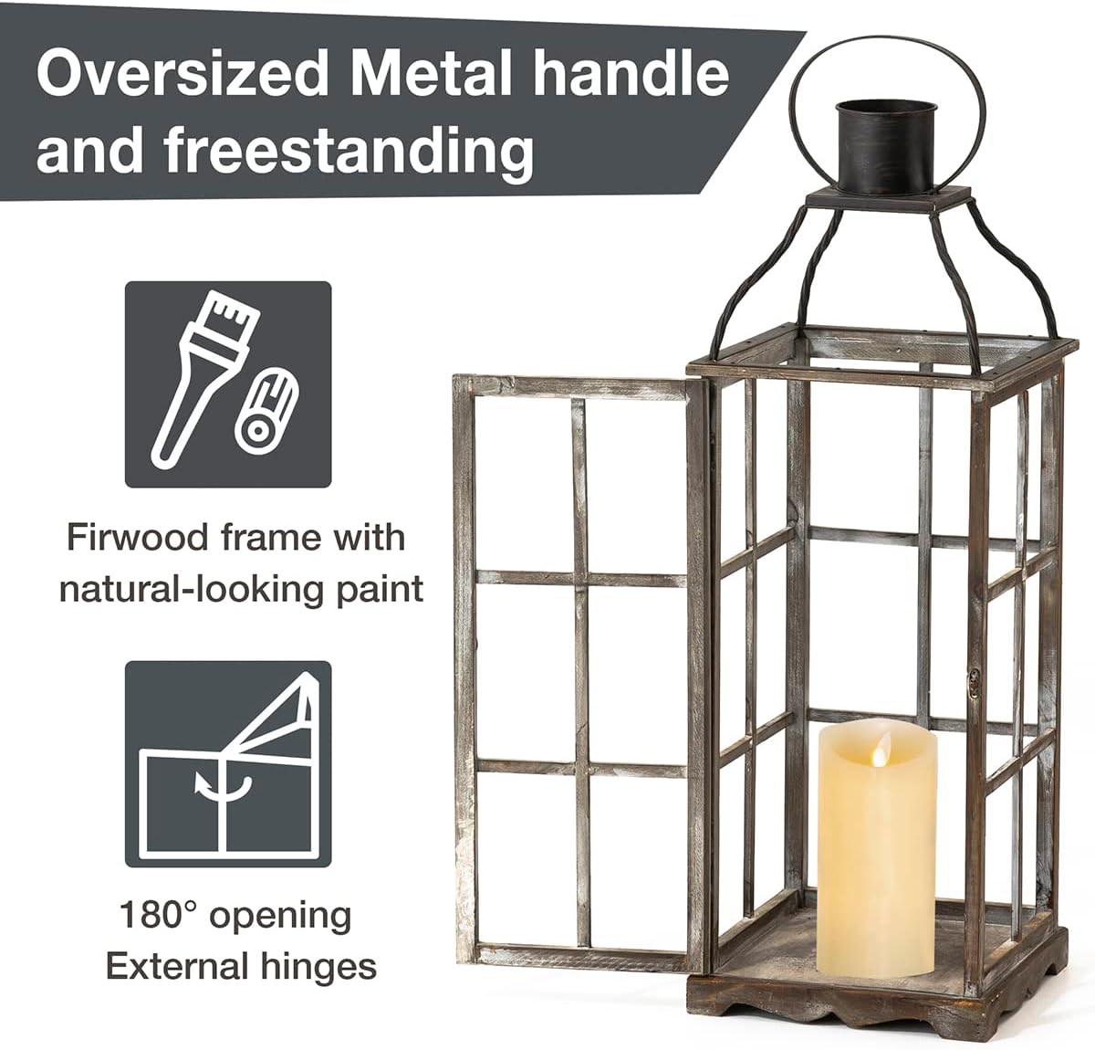 Glitzhome Farmhouse Oversized Wood Metal Lanterns Decorative Hanging Candle Lanterns Set of 2, Black (No Glass)