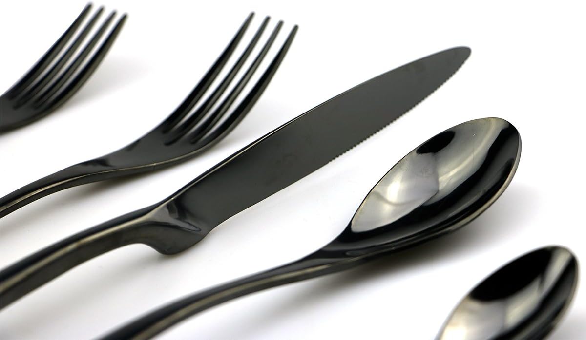 JASHII 18/10 Stainless Steel 20 Piece Mirror Polished Black Flatware Set,Dinner Knife Fork Salad Fork Dessert Spoon Coffee Spoon，Service for 4 ，Black Utensil Sets