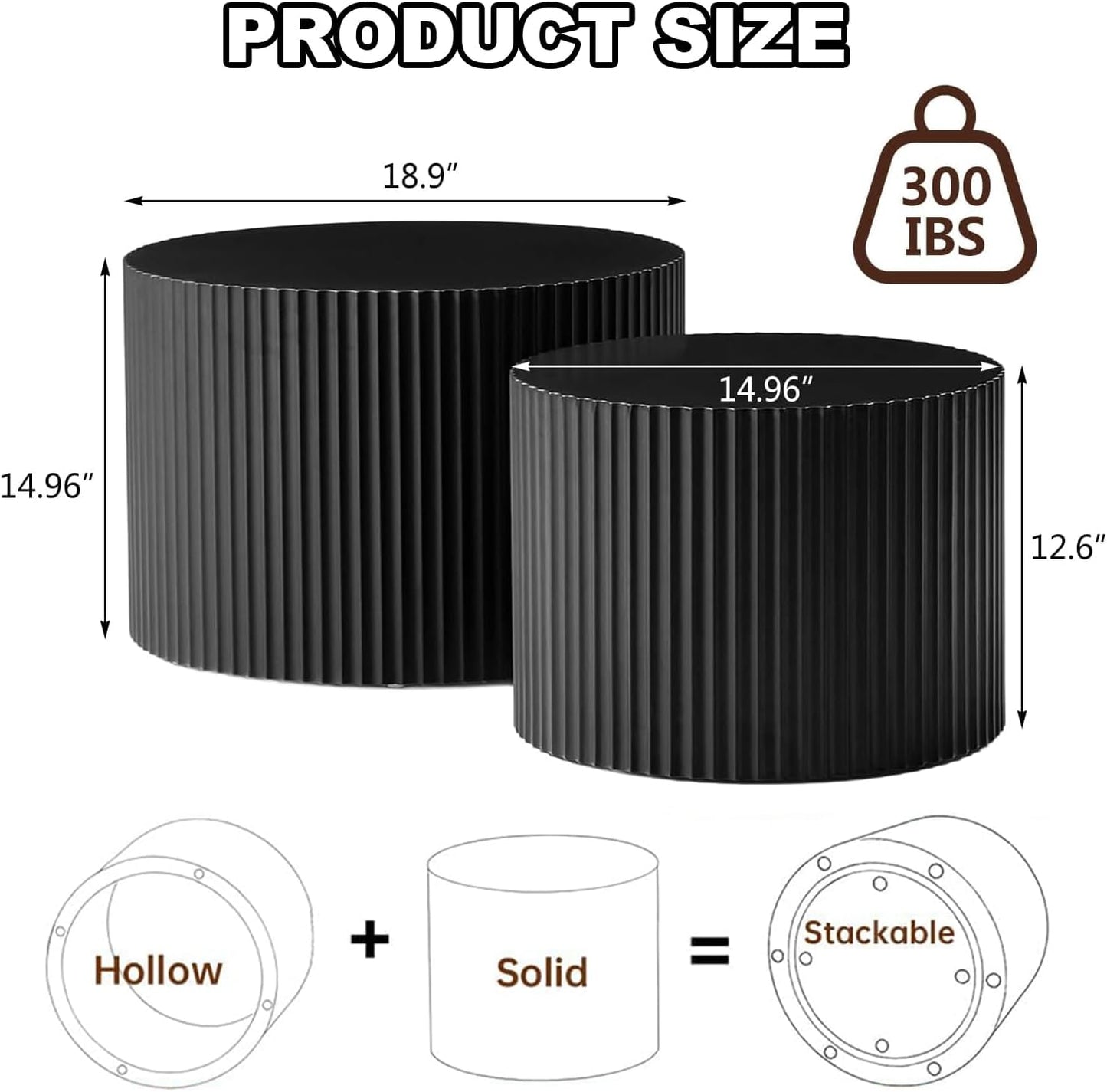 Modern Black Nesting Coffee Table Set of 2 Handcraft Fluted Coffee and End Table Sets Wooden Drum Small Round Side Table Funky Center Tables for Living Room,No Assembly,Black Small