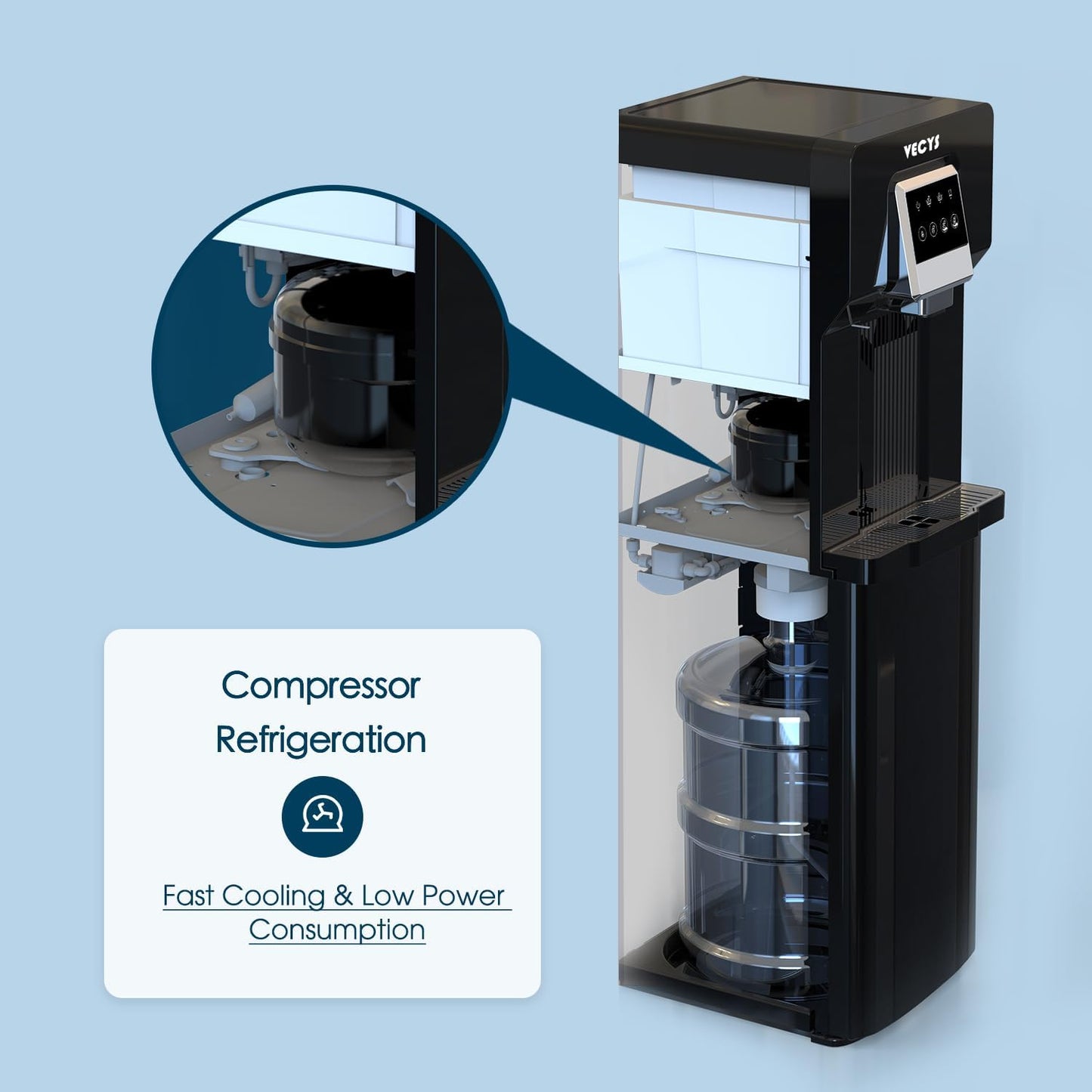 VECYS Bottom Loading Water Cooler with Ice Maker, Cold Water Supply with 18LBS Daily Ice Making, Compatible with 3 or 5 Gallon Bottles, Ideal for Home and Office (No Hot Water)