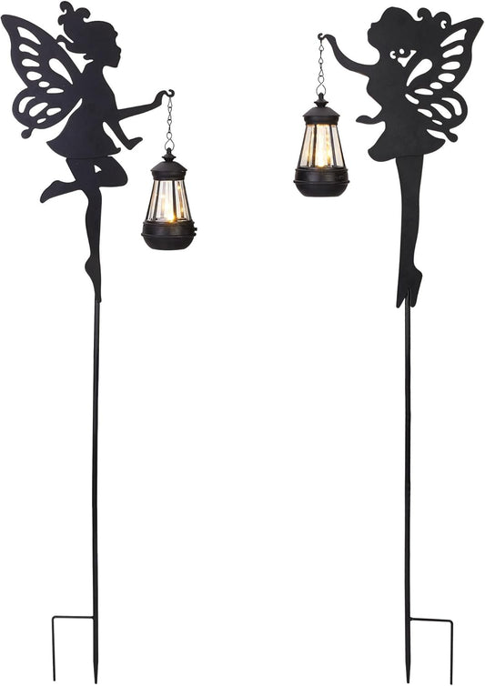 Fairy Garden Accessories Halloween Decorations Lawn Ornaments 1 Pair - Solar Lights Outdoor Garden Statue, Metal Stakes Decorative Figurines for Yard Decor, Patio (Type A Warm Lighting)