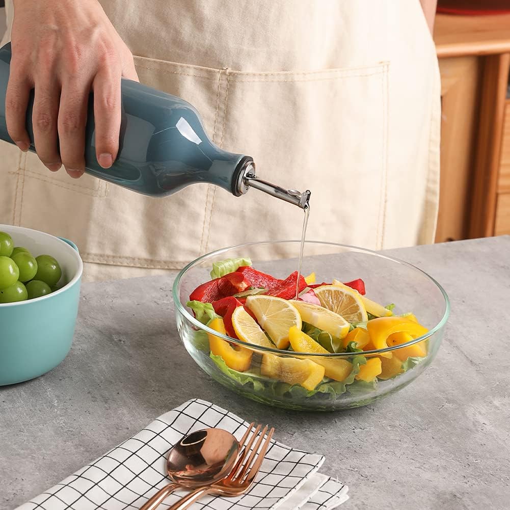 Sweejar Ceramic Olive Oil Dispenser Bottle, 20 Oz Relief Design EVOO Oil and Vinegar Dispensing Bottle with Spout for Kitchen, Set of 1 (Turquoise)