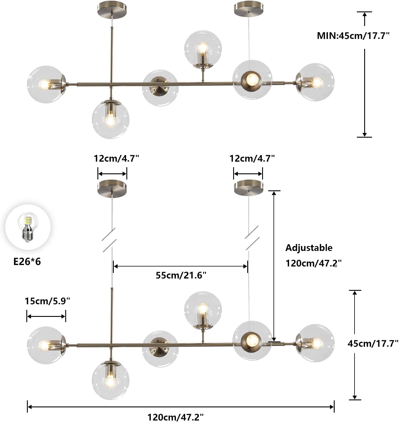 KCO Lighting 6 Light Bubble Glass Pendant Light Mid Century Modern Globe Sputnik Chandelier Linear Chandelier Lighting Brushed Nickel Hanging Light Fixture for Kitchen Island Dining Room