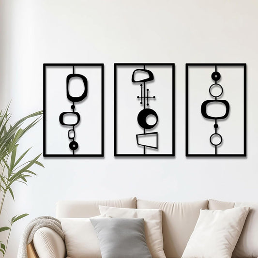 3 Pcs Metal Abstract Wall Decor, Minimalist Lines Wall Hanging Art Painting, Modern Geometric Black Wall Sculpture Suitable for Home Office, Hotel Living Room, Bedroom and other Home Decoration