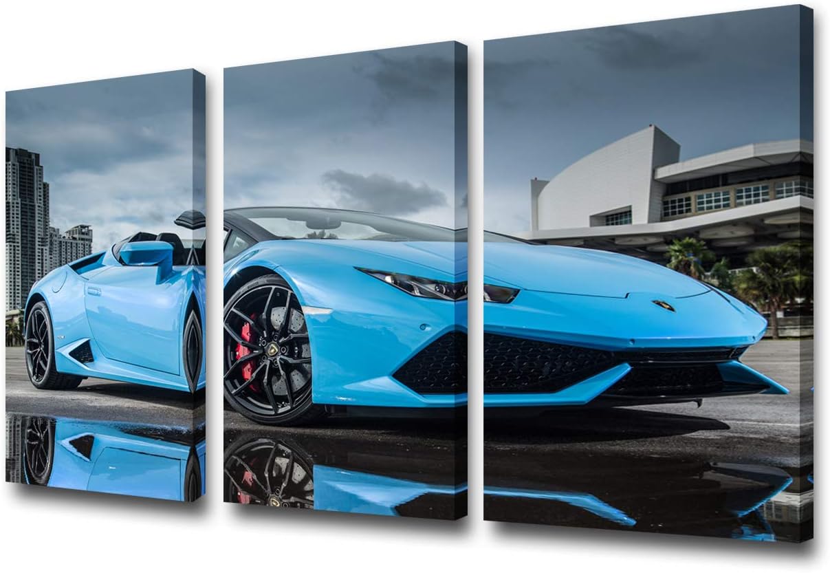 TUMOVO 3 Piece Canvas Wall Art - Panoramic View of LP 610 4 Blue Supercar - Modern Home Decor Stretched and Framed Ready to Hang - 12 x 24 inch x 3 Pieces