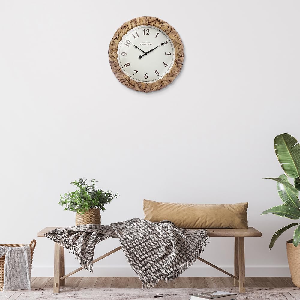 Presentime & Co. Farmhouse Series, Rustic Woven Clock, 12.6 inch, Natural Woven Water Hyacinth/Sea Grass. Wall Sculpture, Wall Art and Timepiece for Home Decoration/Decoration/Farmhouse Décor