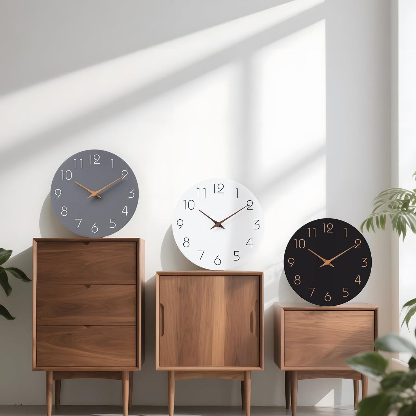 Mosewa Wall Clock 14 Inch Gray Battery Operated Silent Non Ticking Simple Modern Wood Clock Decorative for Bedroom Living Room Kitchen Home Office