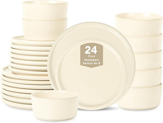 Stone Lain Eden 24-Piece Dinnerware Set Stoneware, Plates and Bowls Set, Dishwasher and Microwave Safe Dish, Dish Set for 8, Beige