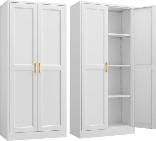 Kitchen Cabinet Storage,60”Metal Pantry Cabinet with Doors and 3 Adjustable Shelves,Food Pantry Cabinets with 2 Gold Handles,White Tall Storage Cabinet for Livingroom,Pantry,Bathroom,Kitchen